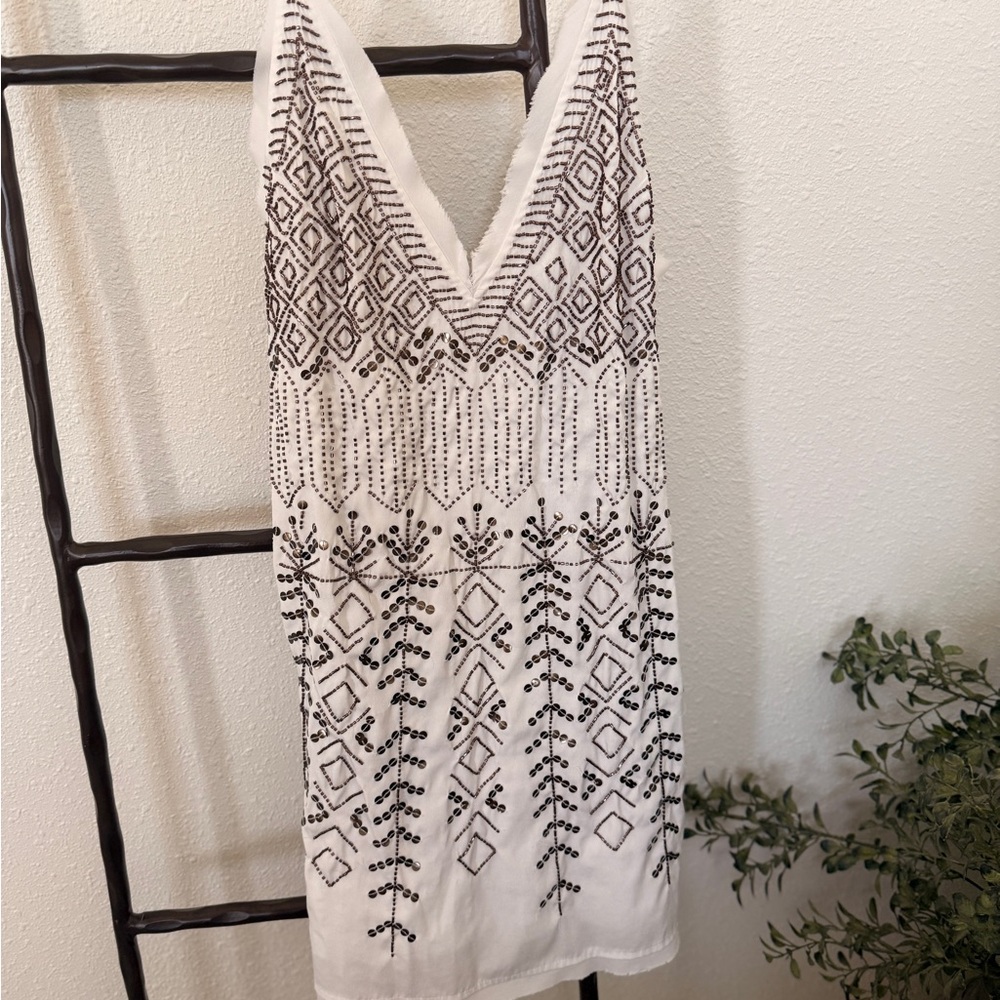 White Dress with Black Geometric Beading